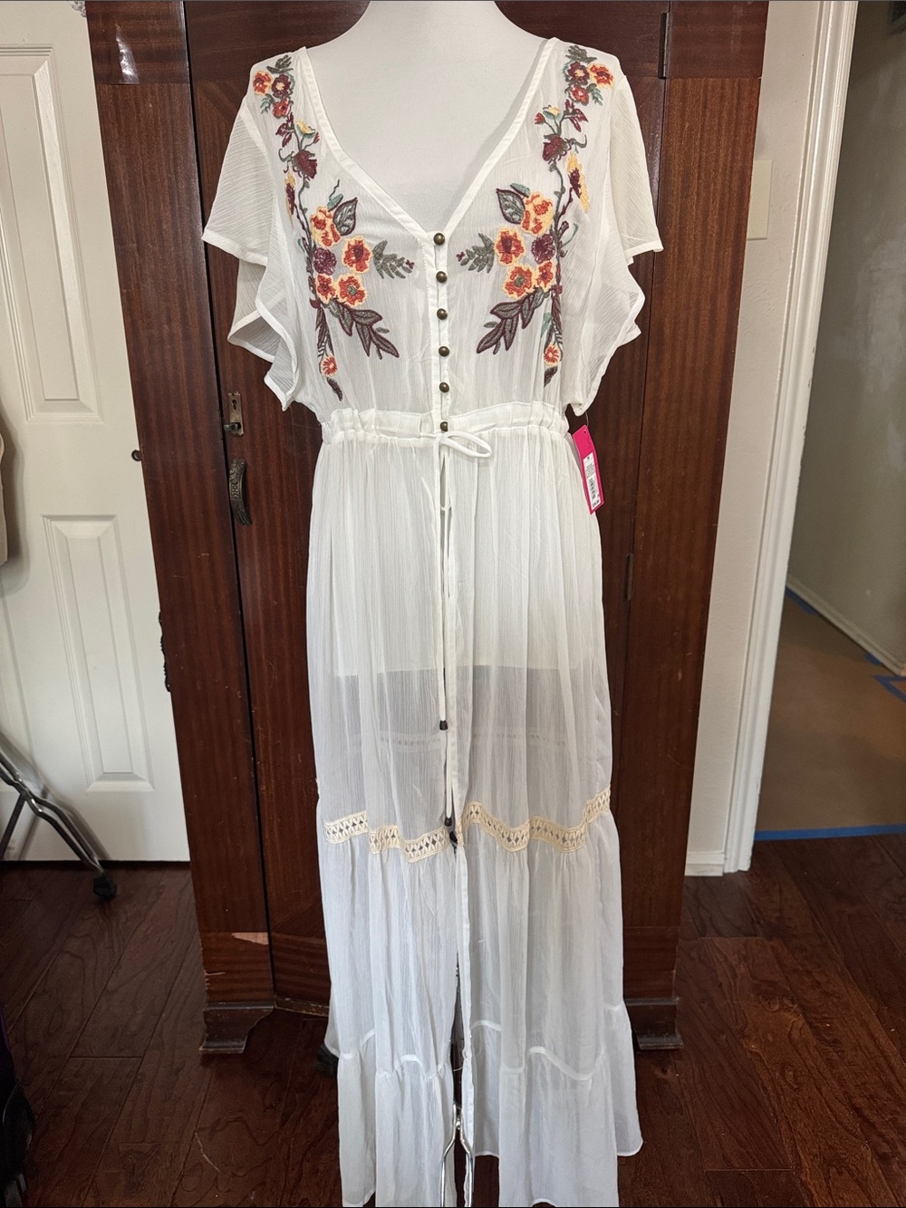 Xhilaration White Sheer Embroidered Floral Maxi Swim Coverup